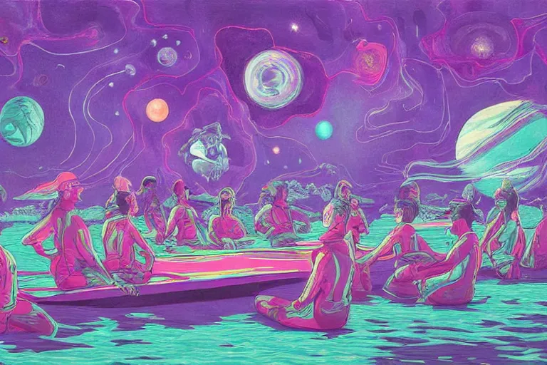 Image similar to surreal painting by chesley bonestelll!!, twelve astronauts sitting near a river + psychedelic vegetation + purple, pink, blue + planets and stars + mystic fog, 5 0's vintage sci - fi style, rule of third!!!!, line art, 8 k, super detailed, high quality
