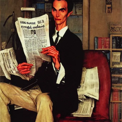 Image similar to a thin vampire wearing a suit reads a newspaper in the living room, painted by norman rockwell and tom lovell and frank schoonover
