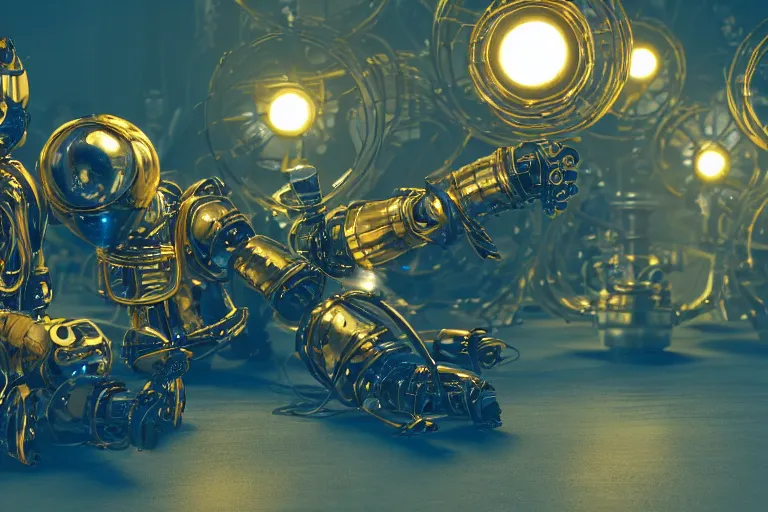 Prompt: a golden and blue metal humanoid steampunk robots wearing and gears and tubes is sitting on the ground, meditation, eyes are glowing red lightbulbs, shiny crisp finish, 3 d render, 8 k, insaneley detailed, fluorescent colors