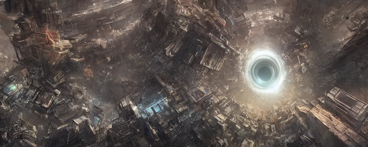 Image similar to a wormhole opening up in the middle of a post-apocalyptic city full of people, large scale, breathtaking, mixed media, digital art, trending on artstation, 8k, epic composition, highly detailed, AAA graphics