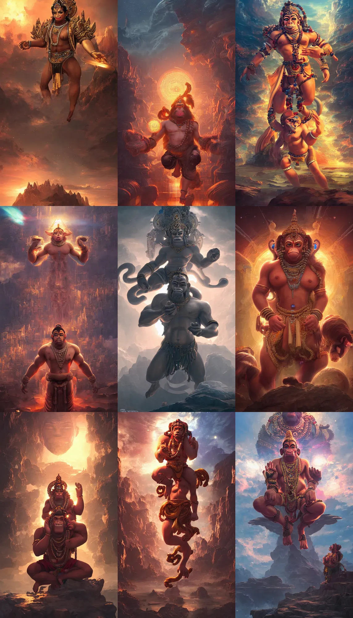 Prompt: techno artwork, with unreal engine. hanuman gets together with the gods against the background of the universe. highly detailed, volumetric lighting, sharp focus, bokeh, trending on art station, digital painting by wlop, rossdraws, artgerm.