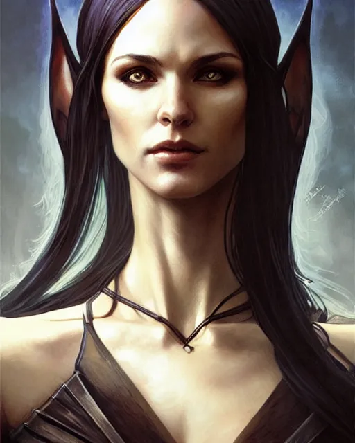 Image similar to portrait of an elven mage, dark, piercing eyes, gentle expression, elegant clothing, photorealistic, highly detailed, artstation, smooth, sharp focus, art by michael whelan, artgerm, greg rutkowski and alphonse mucha