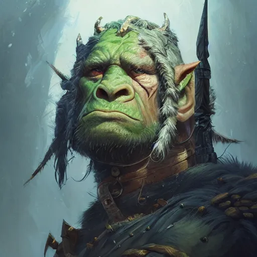 Image similar to highly detailed portrait of orc warrior, stephen bliss, unreal engine, fantasy art by greg rutkowski, loish, rhads, ferdinand knab, makoto shinkai and lois van baarle, ilya kuvshinov, rossdraws, tom bagshaw, global illumination, radiant light, detailed and intricate environment