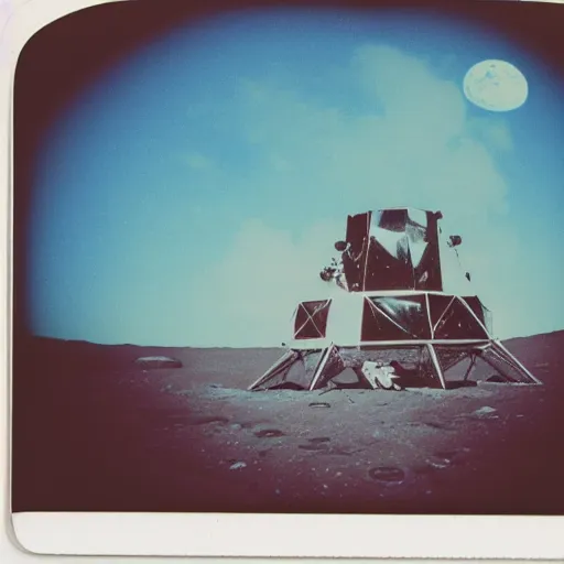 Image similar to vintage polaroid of barbarella on the surface of the moon landing, detailed clouds, warm azure tones, red color bleed, film grain
