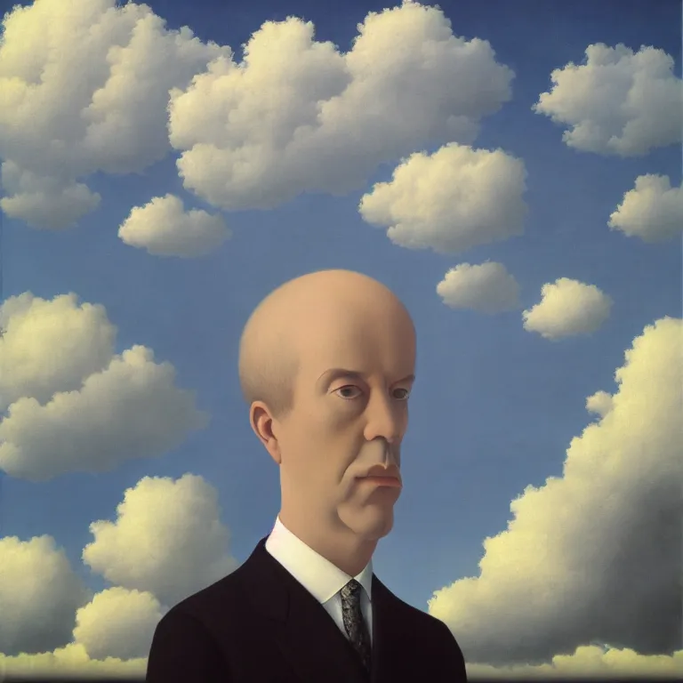 Image similar to portrait of a man made out of clouds, by rene magritte, detailed painting, hd, hq, high resolution, high detail, 4 k, 8 k