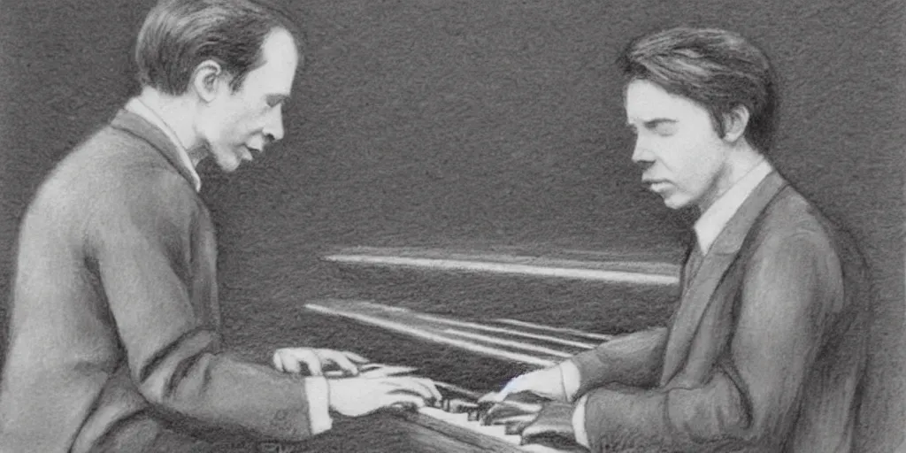 Image similar to pencil sketch Scriabin playing piano for Chopin