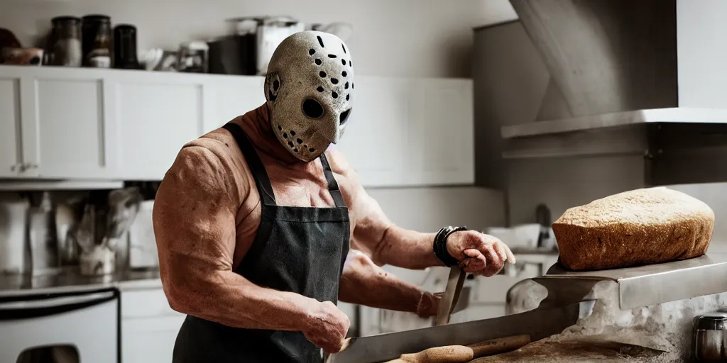 Prompt: jason voorhees in the kitchen, wearing an apron, baking a loaf of bread, ultrafine detail, mid day lighting