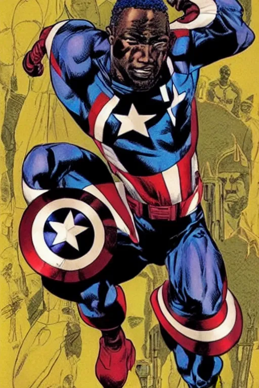 Image similar to black captain America. concept art by James Gurney and Mœbius.