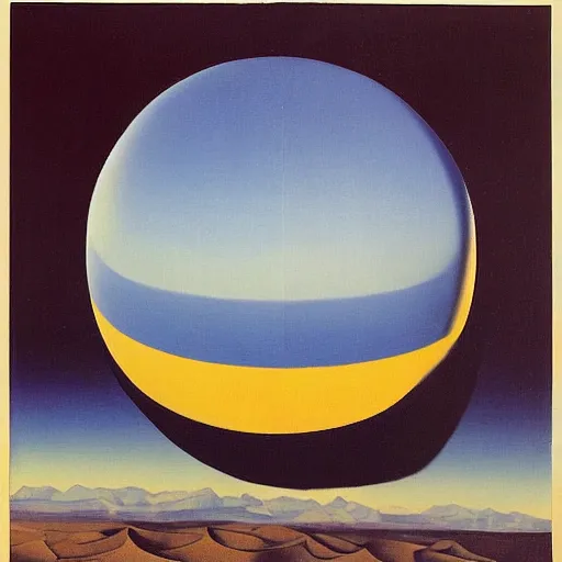 Prompt: big blue sphere in the middle of the desert, by rene magritte