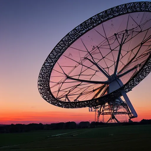 Prompt: Jodrell Bank radio telescope dish at sunset photographed across the Cheshire plane with a wide lens