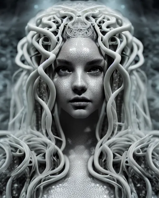 Prompt: mythical dreamy underwater black and white profile face portrait of translucent beautiful female angelic - medusa - vegetal, highly detailed, intricate crystal ivy jelly ornate, poetic, translucent algae ornate, digital art, octane render, 8 k artistic photography, photo - realistic, hg giger