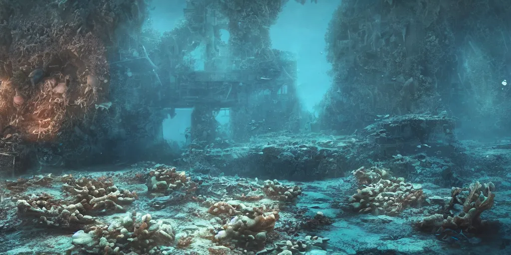Image similar to a underwater ship ruins covered by corals, godrays, epic image, path traced, shipwreck, hyperrealistic, concept art, octane render, unreal engine 5, some fish, centered, symmetrical, low contrast, cinematic, soft lighting, high coherence, digital painting, masterpiece, digital art, serene scenery, old, elegant