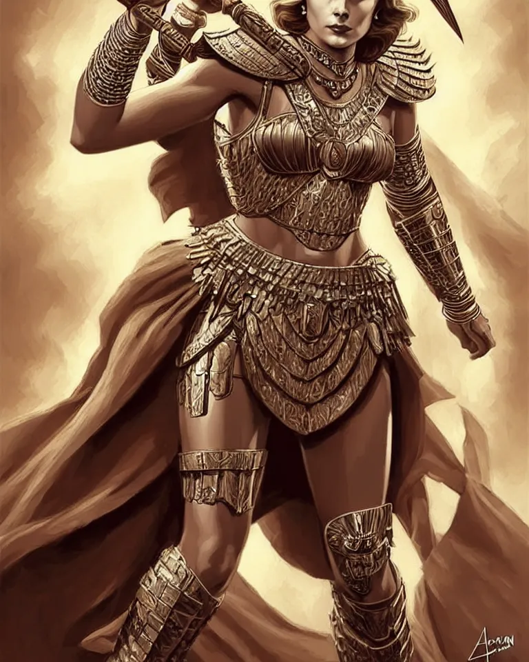 Image similar to a young grace kelly as an amazon warrior, tall and beautiful with brown skin and long hair, dressed in hellenistic body armor, intricate, elegant, highly detailed, smooth, sharp focus, detailed face, art by ardian syaf