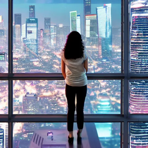 Image similar to a woman looking out her panoramic window at a futuristic cyberpunk los angeles. flying cars and vehicles