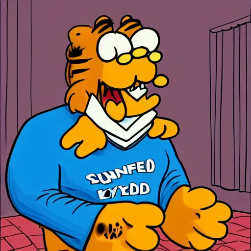 Image similar to garfield as a body builder with clothing