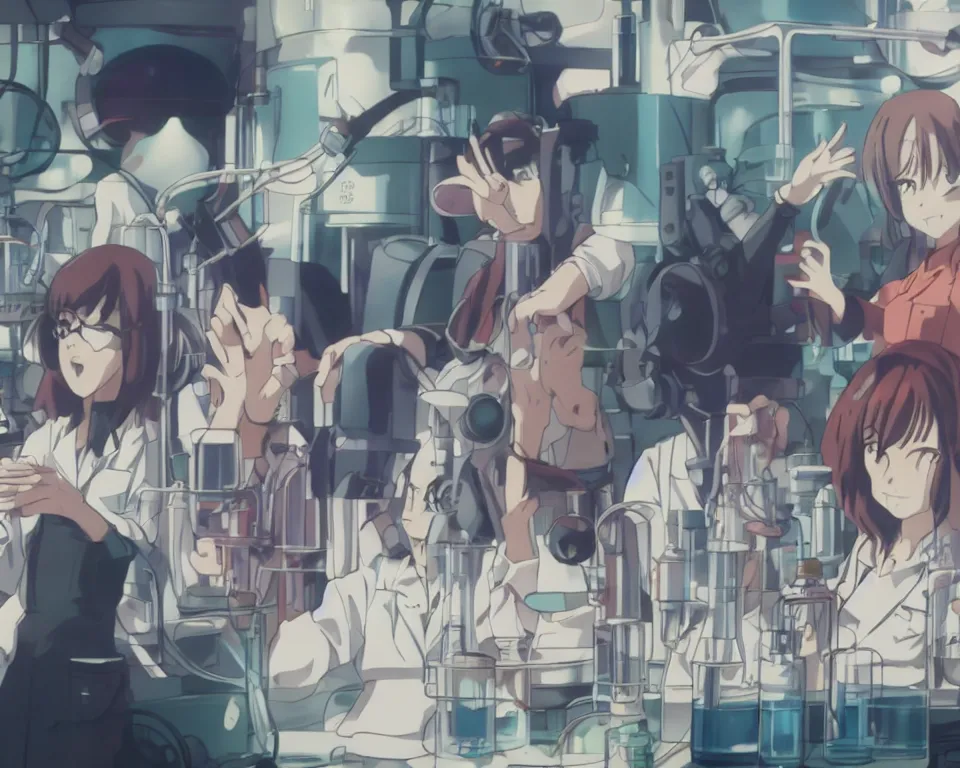 Image similar to anime still of reckless!!! whimsical! trippy scientists in a lab inventing, presentation, scattered tables overloaded with doomsday devices and beakers and test tubes, by makoto shinkai yoshinari yoh ilya kuvshinov