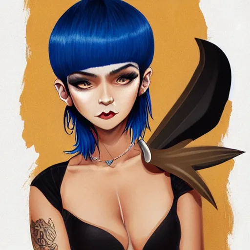 Image similar to illustrated realistic portrait of swept-back prong-horned devil woman with blue bob hairstyle and her tan colored skin and with solid black eyes wearing leather by rossdraws