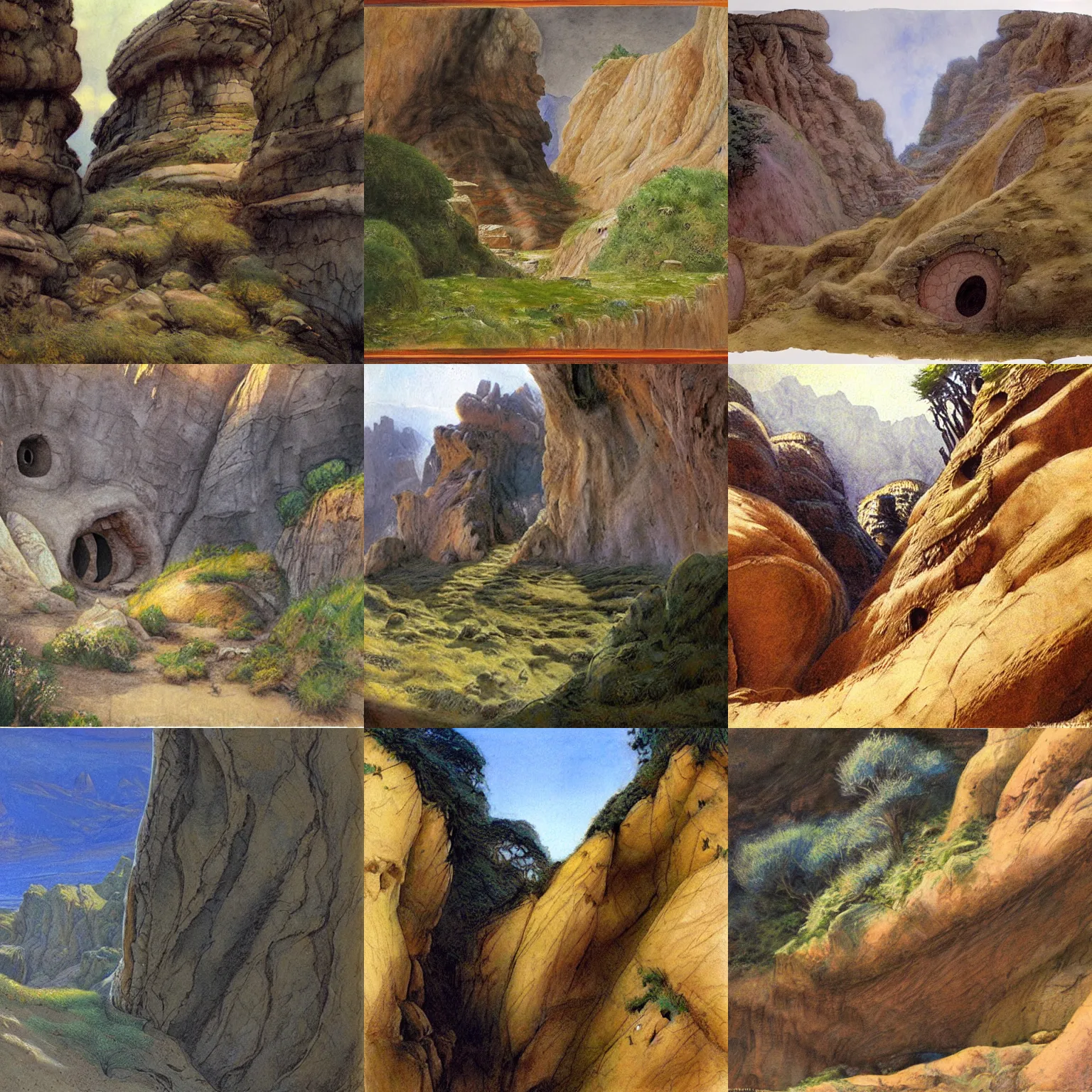 Prompt: dozens of pueblo - style hobbit holes cut into a canyon cliff by alan lee, oil painting, smooth, detailed terrain