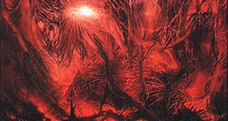 Prompt: a volcano made of ivory vines and crimson rocks enters in eruption, it spits a smoke in the shape of demonic eye, by Luis Royo,