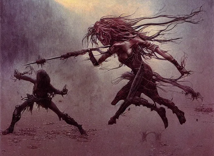 Image similar to ninja girl fighting monsters by Beksinski and Luis Royo