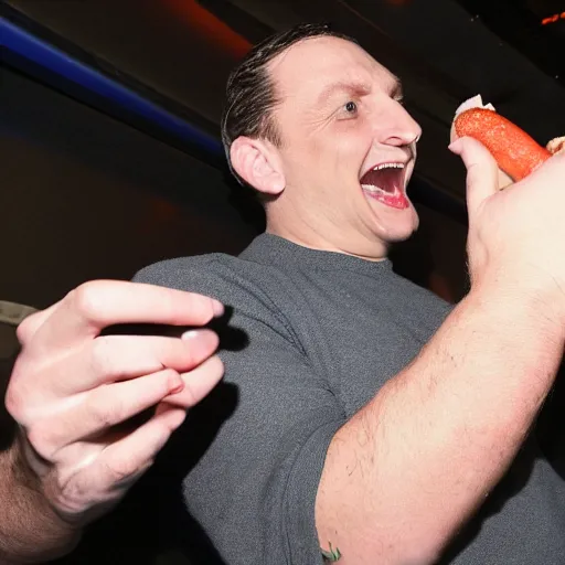 Prompt: Tim Robinson biting his hand instead of the hot dog in his hand