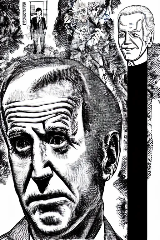 Image similar to Joe Biden full body portrait, body horror, black and white Illustration by Junji Ito