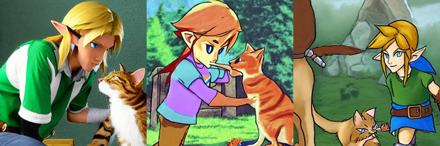 Prompt: link from the legend of zelda pats a cat