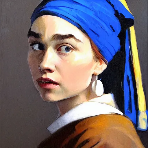 Image similar to greg manchess portrait painting of the boy with the pearl earring with the face of emilia clarke, medium shot, asymmetrical, profile picture, organic painting, sunny day, matte painting, bold shapes, hard edges, street art, trending on artstation, by huang guangjian and gil elvgren and gerald brom