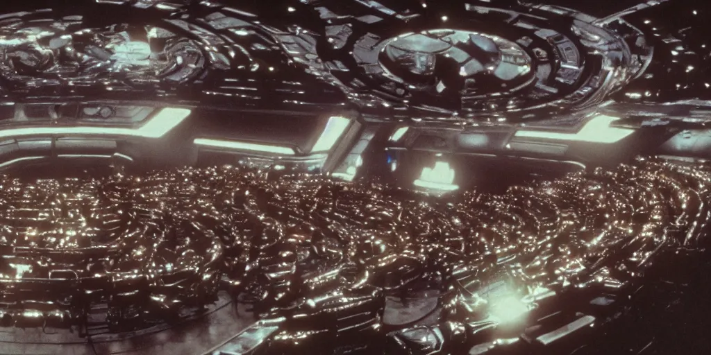 Image similar to a full color still of the Galactic Senate full of sci-fi aliens and humans, cinematic lighting, 1990, directed by Steven Spielberg, 35mm