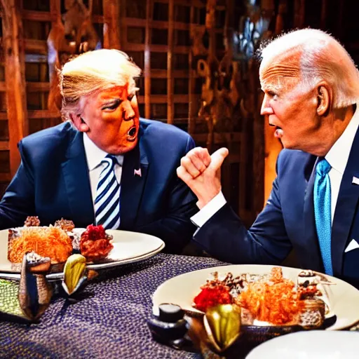 Image similar to Trump and Biden having dinner at a fancy Balinese restaurant, award winning photography, 85mm, perfect faces