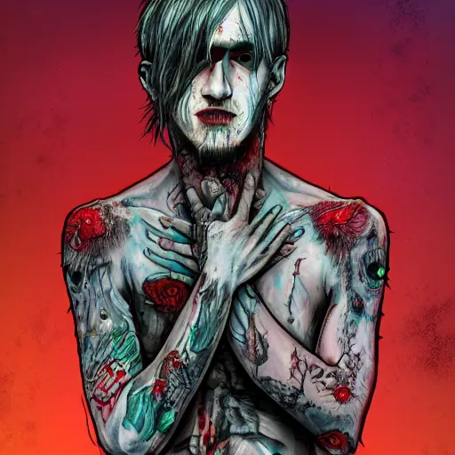 Prompt: Portrait of Lil Peep as a zombie, artstation, digital art, high quality, hyperrealistic, detalied,8k,