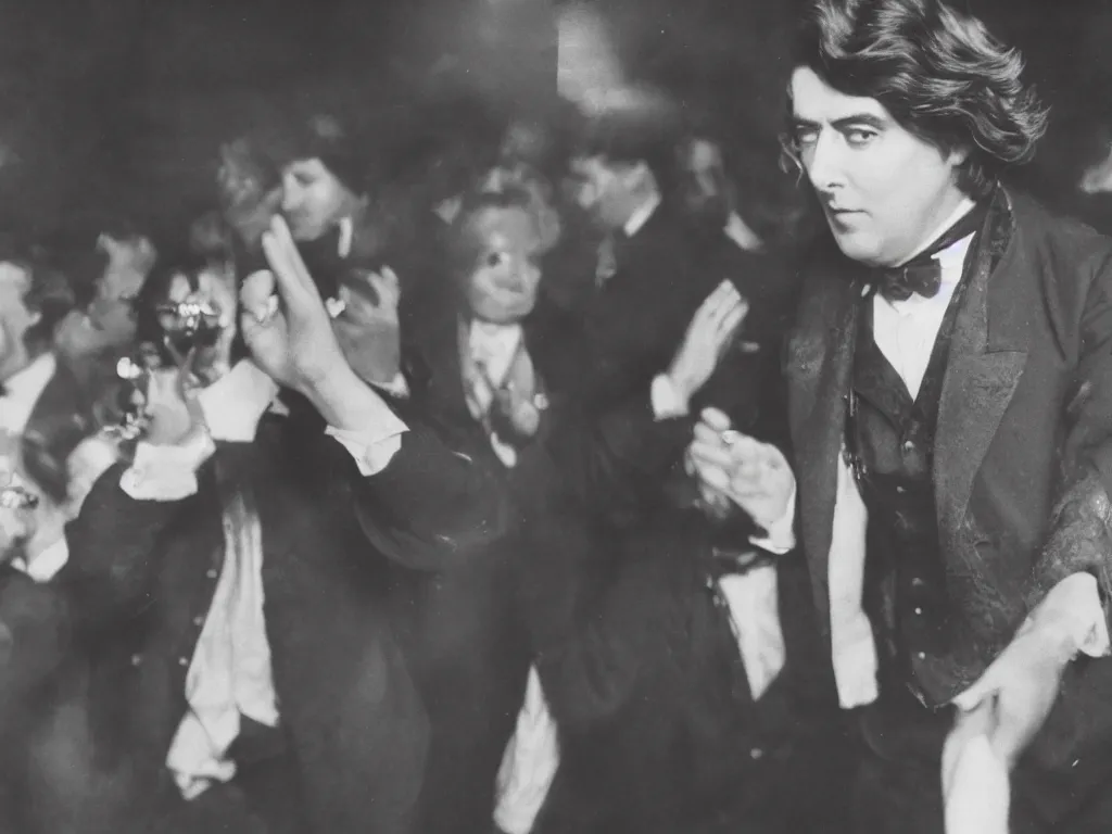 Image similar to dslr close up photo of oscar wilde dancing at a gay club, color, photography, 8 k, highly detailed, rave, lighting, cmyk, realism