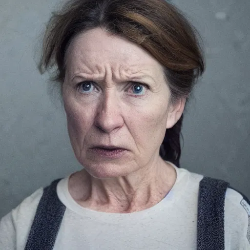 Image similar to Ruth Langmore is sad and angry, portrait photograph, Ozark movie still