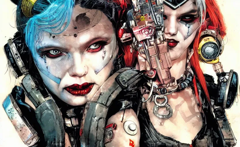 Image similar to a dream portrait of cyberpunk Harley Quinn in post apocalyptic Gotham art by Paul Dini, Travis Charest, Simon Bisley