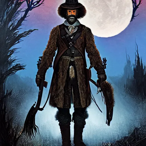 Prompt: an ultra detailed vector image of bob ross dressed as the hunter from bloodborne, concept art by alphonse mucha and greg rutkowski, praise the blood moon, octane render, cosmic horror, scary little trees