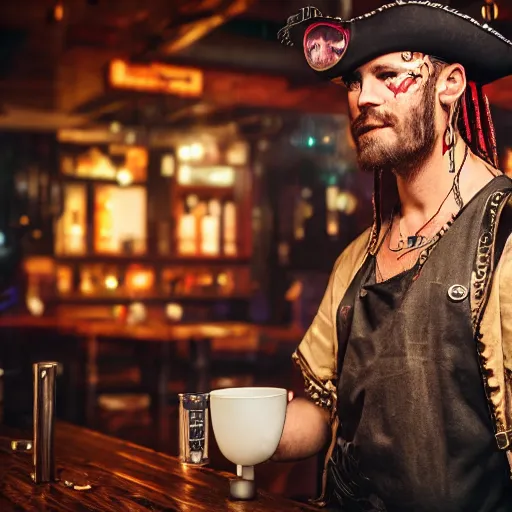 Image similar to a high quality portrait of a pirate bartender in a cyberpunk cyberpunk cyberpunk cafe, realism, 8k, award winning photo