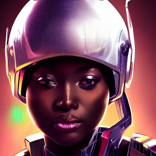 Image similar to portrait cartoon manga anime render of a strikingly gorgeous nigerian 👩🏿, wearing an intricate gundam pilot helmet, rossdraws, artgerm, norman rockwell, emiliano ponzi, epic composition, hd, octane, unreal engine, volumetric lighting, light rays, masterpiece, award - winning