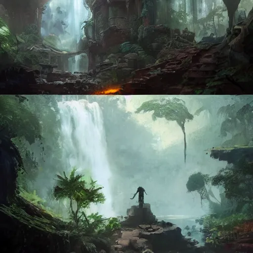 Prompt: a wanderer approaching ancient ruins inside a jungle, waterfall, aztec, painted by raymond swanland, painted by greg rutkowski, painted by jeremy mann, painted by igor kieryluk, trending on artstation