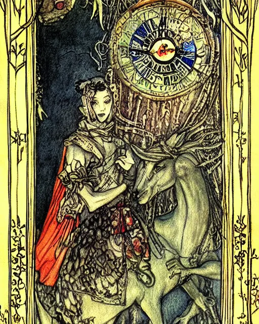 Image similar to tarot card, very detailed painting, illustration, colorful, tarot card ornate frame with roman numerals, in style of Arthur Rackham