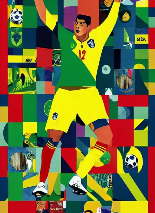 Prompt: og ronaldo nazario r 9 2 0 0 2 world cup brazil goal, dada collage poster art by kurt schwitters james jean liam brazier victo ngai tristan eaton, yellow and green