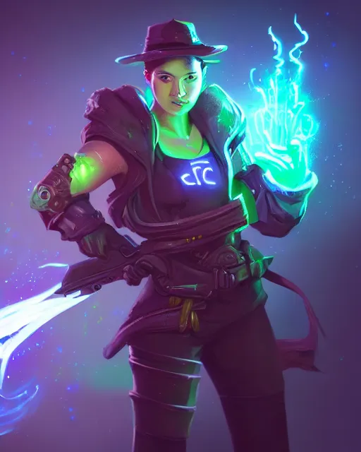 Prompt: A sorcerer wielding two Glock pistols, bust shot, smooth, intricate, elegant, galactic energy, power aura, neon glowing spells, digital painting, artstation, concept art, high tech fantasy, sharp focus, illustration, art by Jason Chan and Riot Studios and Blizzard Studios