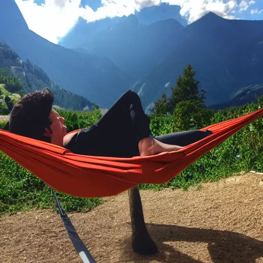 Prompt: my italian wise friend on a hammock, reading the book about love, mountains in a background