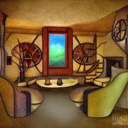 Image similar to art - deco interior of a hobbits house, digital art