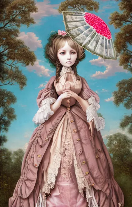 Prompt: A full-body portrait of a dollfie with an oversized head wearing victorian clothes and holding a lace parasol in an overgrown baroque palace courtyard, skies with pink fluffy clouds, small forest creatures. artwork by mark Ryden and Jasmine Becket-Griffith, 4k insane detail, pop surrealism