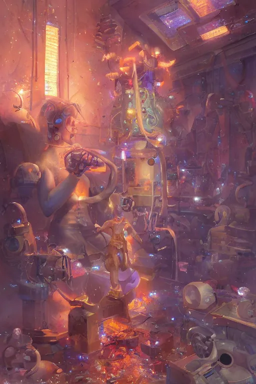 Image similar to sparkly machines listen symbolically in the tar house, by artgerm and Craig Mullins, James Jean, Andrey Ryabovichev, Mark Simonetti and Peter Morbacher 16k