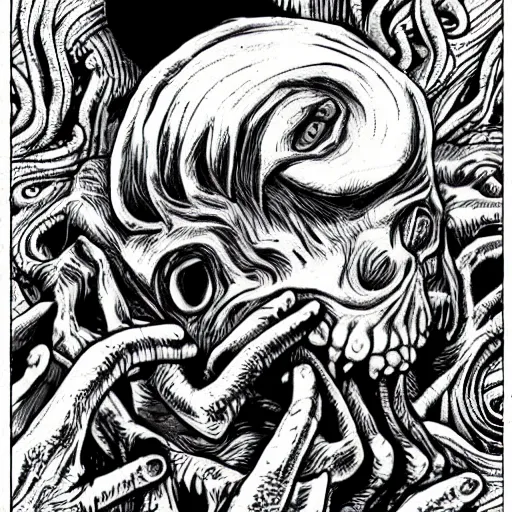 Prompt: the call of cthulhu in the style of junji ito, hyper realistic, photorealistic, highly detailed