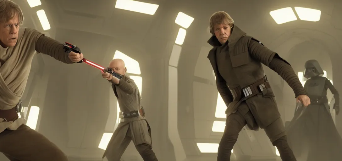 Image similar to Star Wars, HD, Luke Skywalker fights supreme leader Snoke inside imperial facility, realistic, high detailed 4K