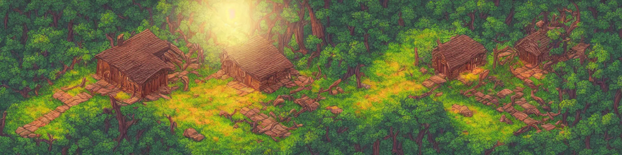 Image similar to isometric painting of ancient forest with mystical cozy cabin highlighted by sun