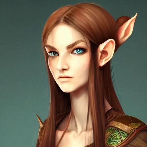 Prompt: portrait, 30 years old women :: fantasy elf :: amber eyes, long straight darkblond hair :: attractive :: green and brown medieval cloting, natural materials, backpack :: high detail, digital art, RPG, concept art, illustration