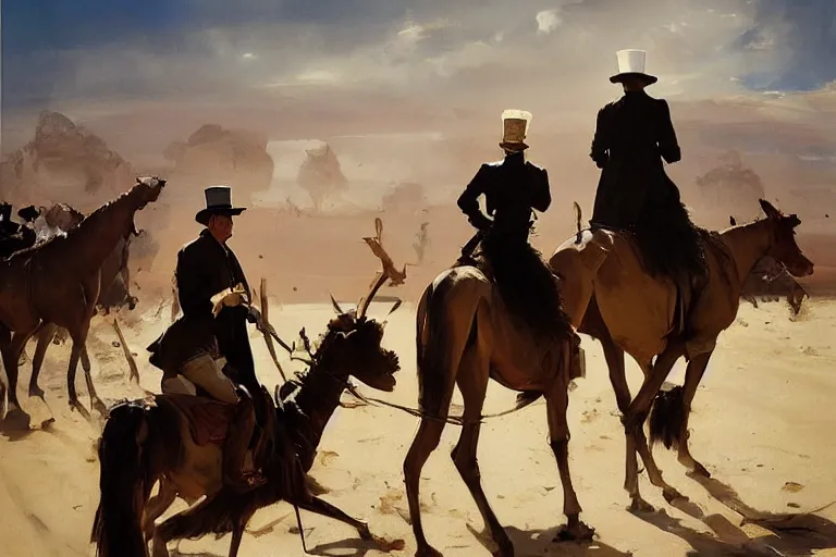 Image similar to portrait of a respectable dignified royal business elite politicians in top hats and coat tails riding on emus in the sahara desert throwing vanilla icecream cones at each other, art by anders zorn, wonderful masterpiece by greg rutkowski, beautiful cinematic light, american romanticism by greg manchess, jessica rossier